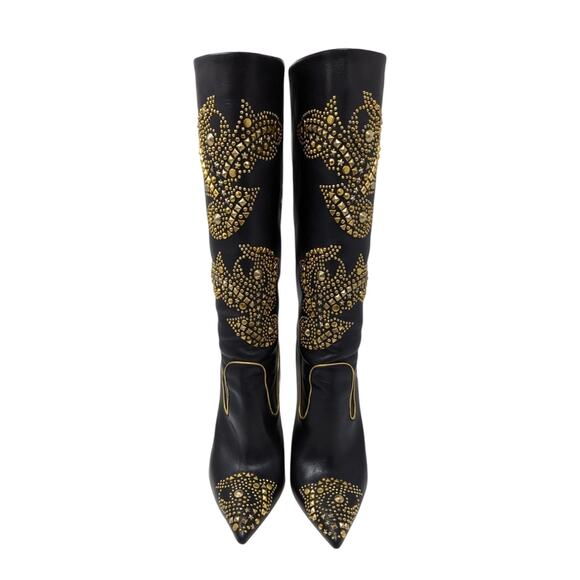 Versace Rare 2013 Western Cowboy Boots Black Leather Gold Studded Heels 40.5 - Picture 2 of 13